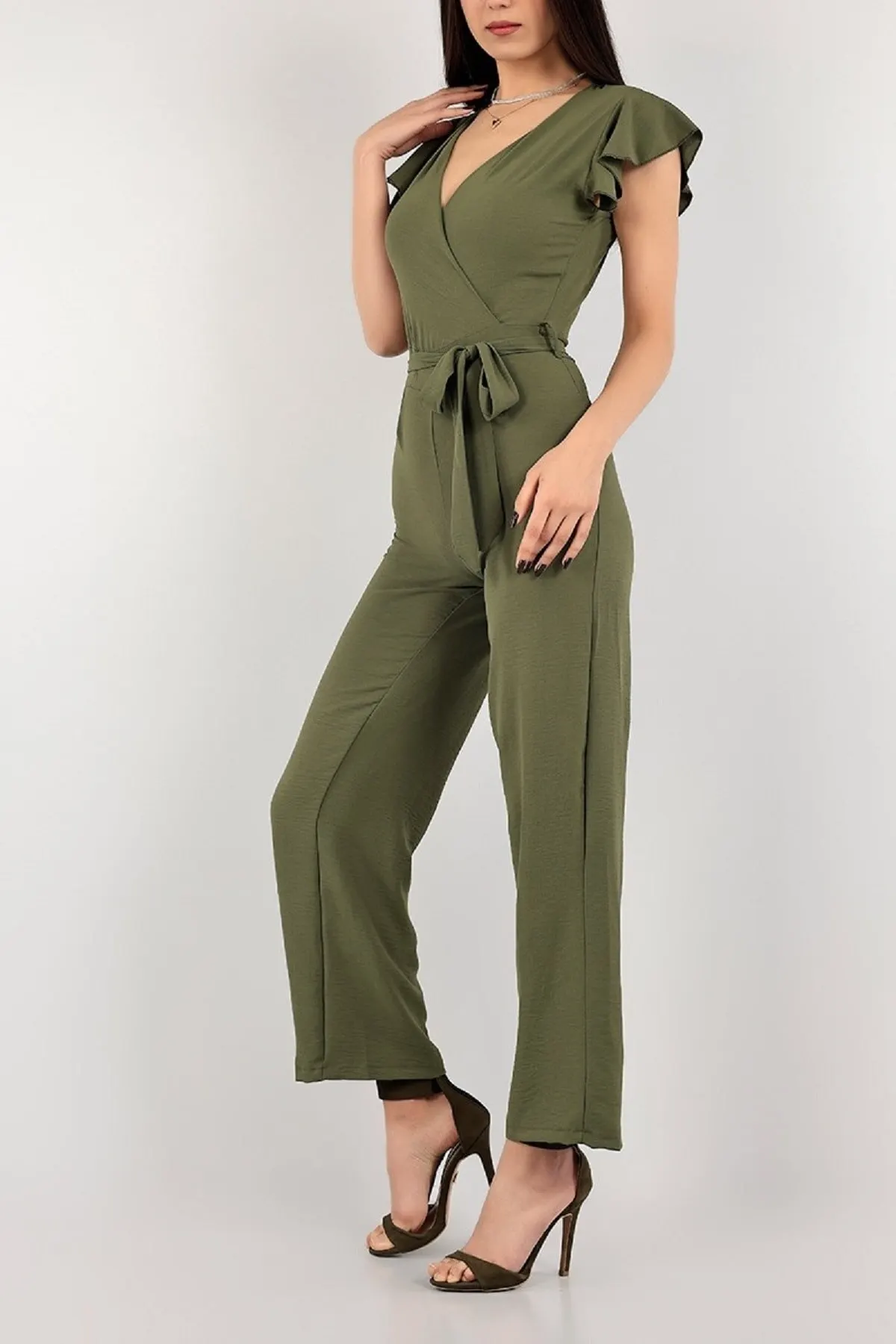 

Женский комбинезон цвета хаки, двойной воротник до груди, летний длинный комбинезон