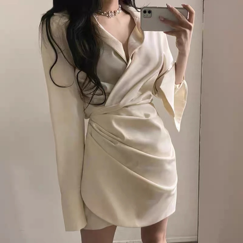 

Плиссированное Платье-рубашка с отложным воротником, шикарное корейское мини-платье с длинным рукавом, весна-лето 2022, короткая женская элег...