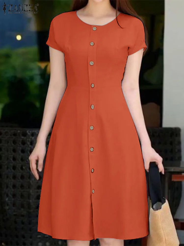 

ZANZEA Elegant Women Fashion Short Sleeve Solid A-line Sundress Summer OL Work Dress Casual Buttons Down Knee-length Vestido