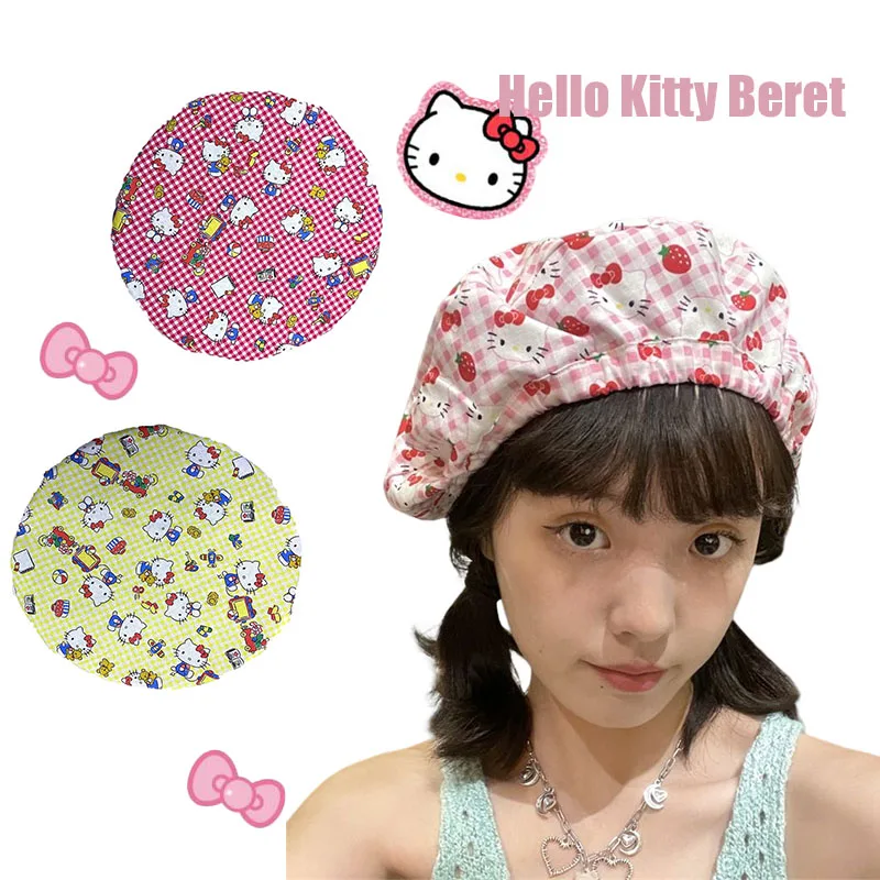 

Kawaii Sanrio Hello Kitty Beret Girl Cartoon Sweet Print Vintage Painter Hat Student Anime Leisure Outgoing Cloud Hat Girl Gift