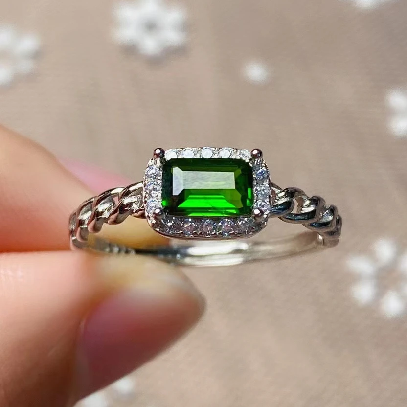 

Natural Diopside Ring with Moissanite Side Gemstones