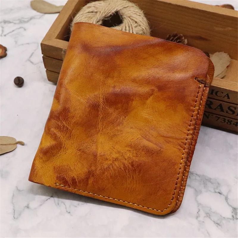 Retro fashion high quality natural genuine leather men women's universal short wallet Minimalist credit card real cowhide wallet
