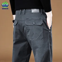 Autumn Winter 2023 New Men's Cargo Pants 97%Cotton Thick Solid Color Work Wear Grey Casual Pant Wide Korean Jogger Trousers Male