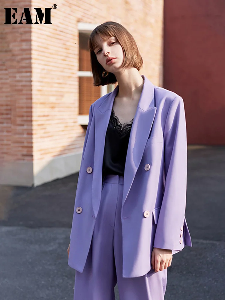 

[EAM] Loose Fit Brief Purple Double Breasted Jacket New Lapel Long Sleeve Women Coat Fashion Tide Spring Autumn 2022 1H090