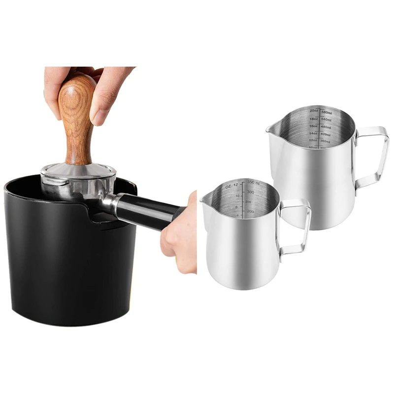 

Detachable Knock Bar Coffee Machine Grounds Recycling Bucket With 2 Pack Milk Frothing Pitcher, 12Oz & 20O