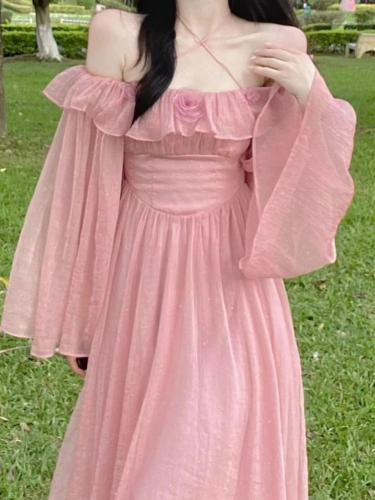 

Summer Pink Vintage Elegant Woman Dresses Flower Korean Chic Sweet Casual Fairy Dress Backless Sexy France Party Midi Dress 2022