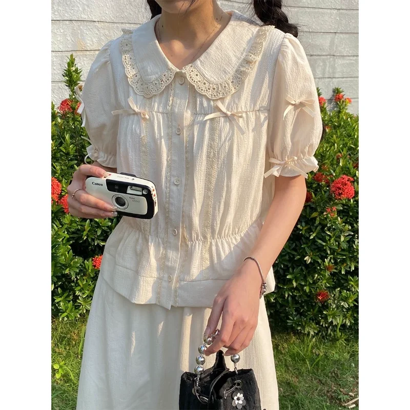 

Two Piece Bow Camisa Mori Girl Style Sweet Chemise Femme Short Summer Ruffles Women Vintage Shirt Elegant Lace Skirt Sets Y2k