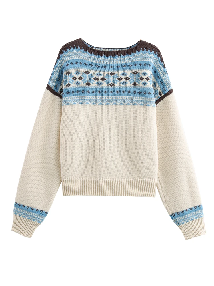 KAOPU ZA женский жаккардовый вязаный свитер винтажный пуловер с круглым вырезом и