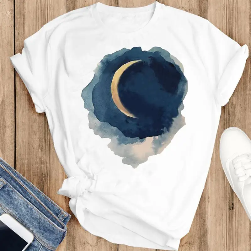 

Женская милая летняя футболка с коротким рукавом, акварелью, ночным спокойствием и милым сердцем