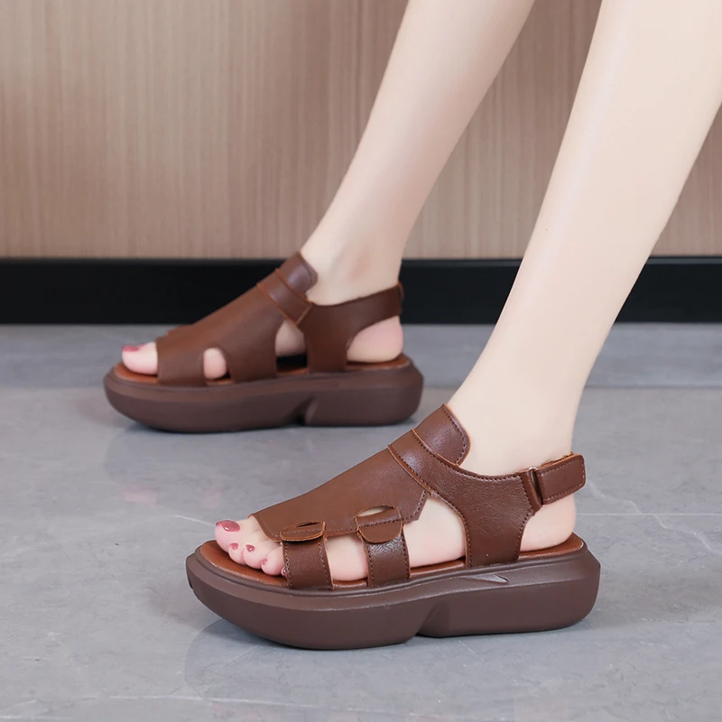 

Sandals Women Summer New Fashion Thick Bottom Breathable Solid Color Velcro Roman Sandals Shoes Open Toe Shoes Platform Sandals