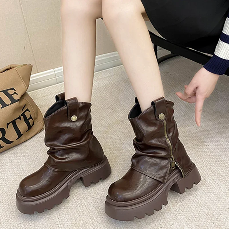 Зимние женские ботильоны на платформе модная обувь среднем массивном каблуке 2025