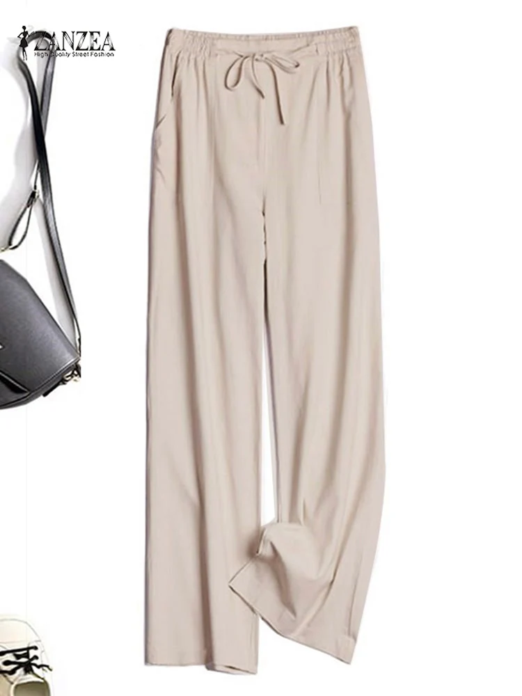 

ZANZEA Stylish Casual Elegant Office OL Oversized Pants Women Summer Solid Color Pant Elastic Lace-Up Pure Cotton Hose Trousers