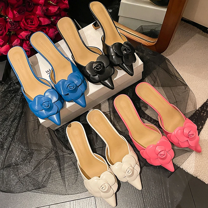 

Шлепанцы женские с острым носком, сандалии на высоком каблуке, туфли-лодочки, летние, цветочные, повседневные, для улицы