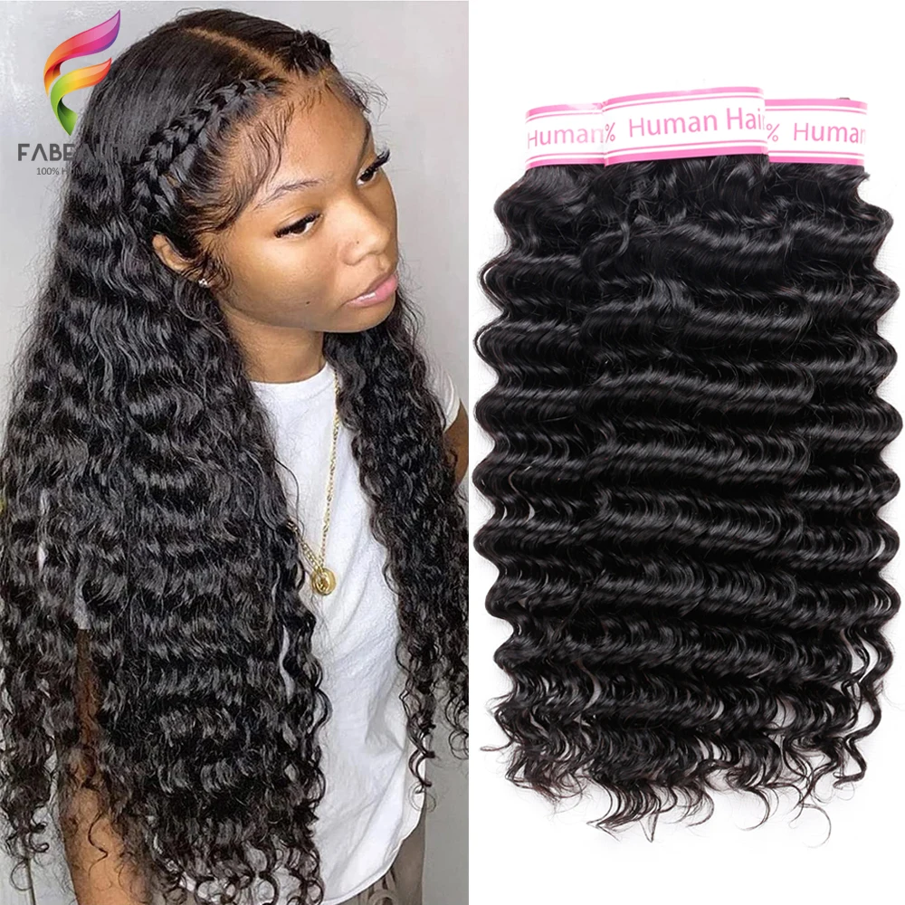 

Deep Wave Human Hair Bundles Brazilian Virgin Hair Weave Bundles Deep Curly 12A Grade Unprocessed Hair Extensions Natural Black