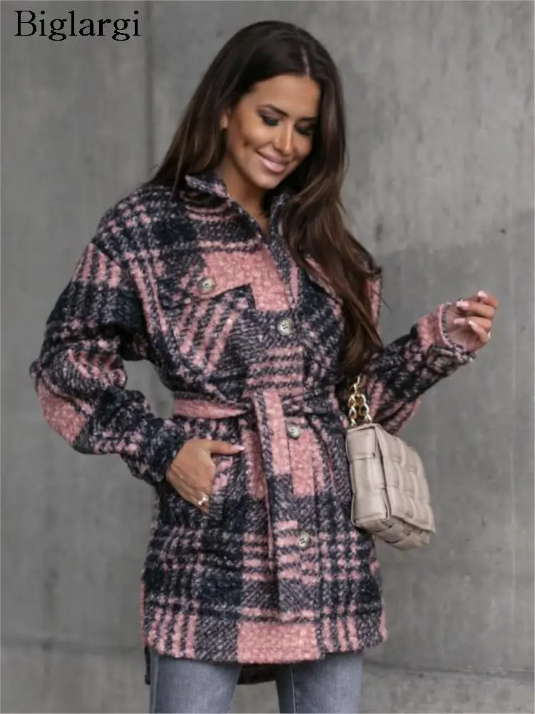 

Шерстяное осеннее пальто, женское розовое пальто в клетку с длинным рукавом, офисные женские пальто, модное повседневное женское пальто 2023
