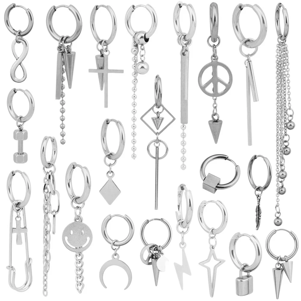 

Hot Dangle Long Tassel Unisex Hoop Earrings Punk Metal Jewelry Brincos Silver Color Star Cross Pendant Exaggerate Design