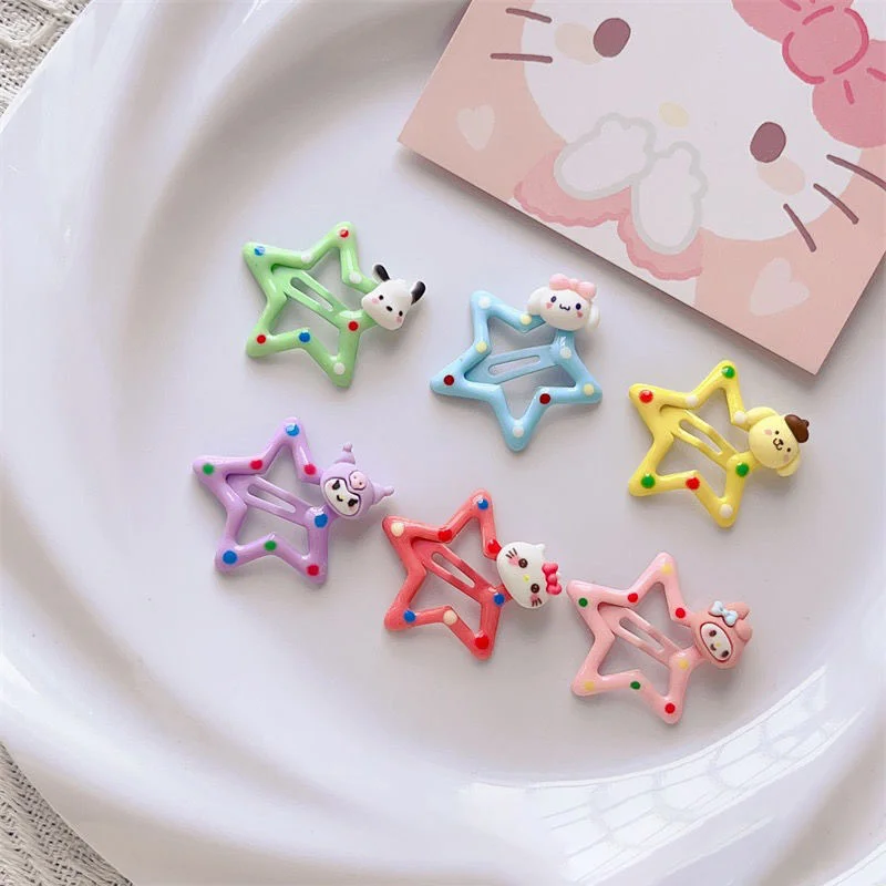 

Sanrio MyMelody Cinnamoroll Kuromi Pompompurin Hello Kitty Pochacco Cartoon Macaron Star Hair Clip Anime Plush Toy for Girl Gift
