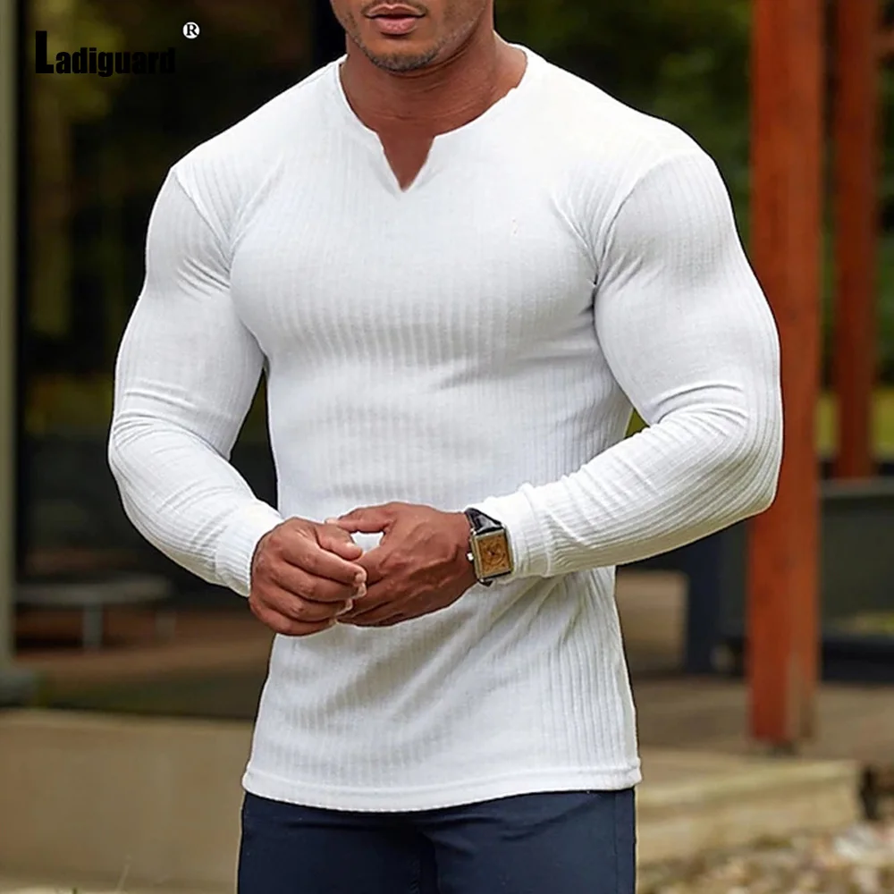 

Ladiguard 2023 European Size T-shirt Men Long Sleeves Fashion Ruched Stripe Tops Solid White Khaki Casual Street Pullovers Homme