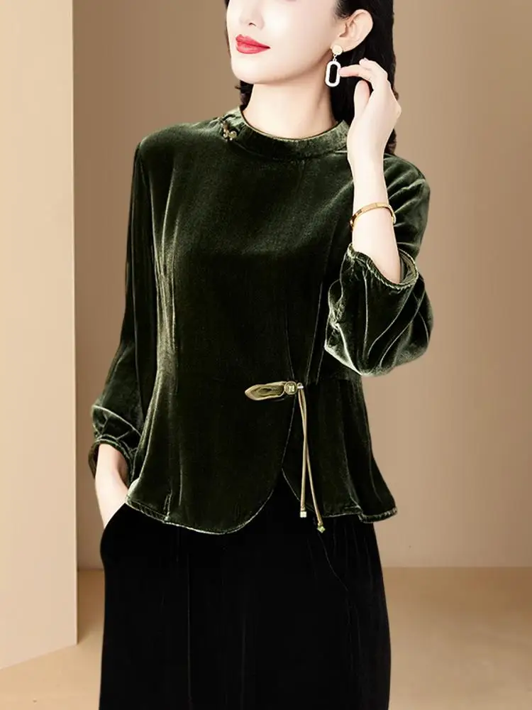 Plus Size Women clothes Base Half-high Collar Loose Spring and Autumn T-shirt 2024 New Silk Gold Velvet Top Middle-Aged Mothe...