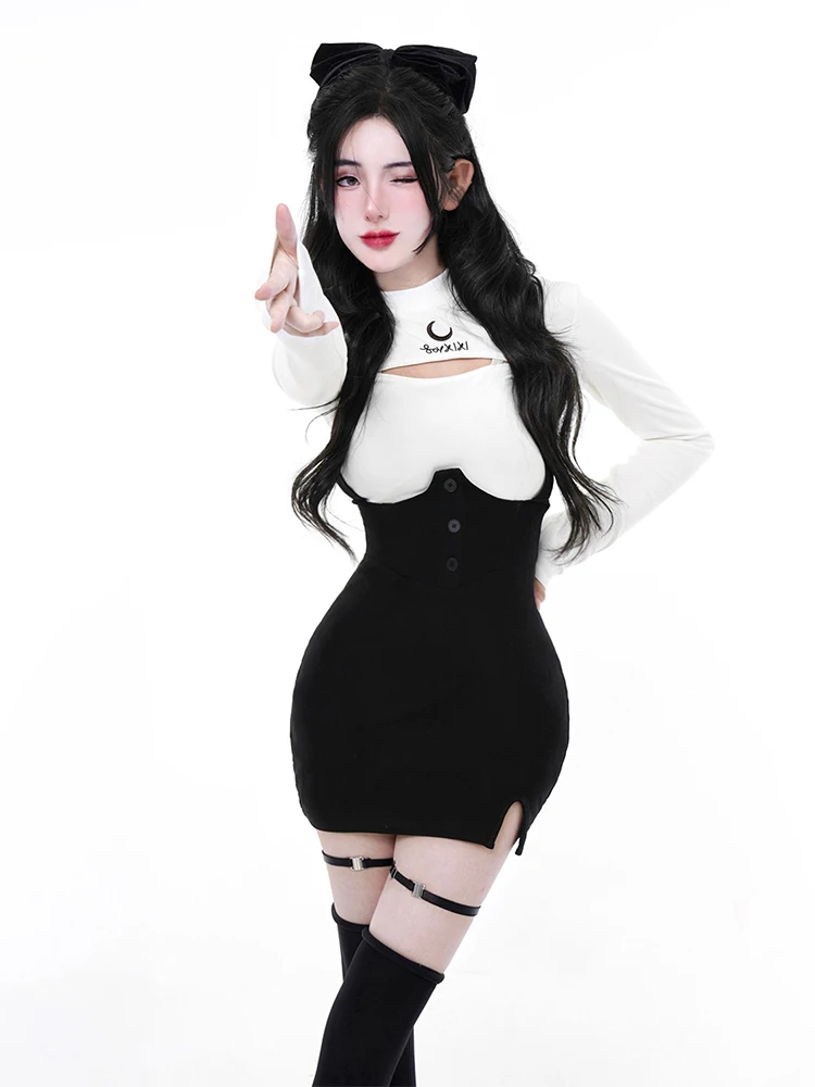 Подтяжки Setelan Hitam Gaya Korea Dua Potong Set Pakaian Rok Pesta Seksi Elegan Wanita Y2k