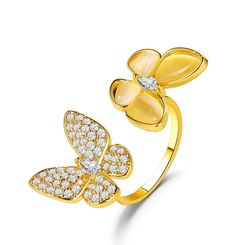 

Luxury Copper Inlaid Zircon Two Butterfly Open Rings for Women High Quality Opal Adjustable Finger Ring Valentine's Day Jewelry
