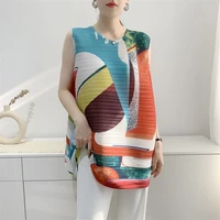 2022 summer new arrivals miyake pleated vest fashion age reducing geometric print t shirt urban casual loose women long top