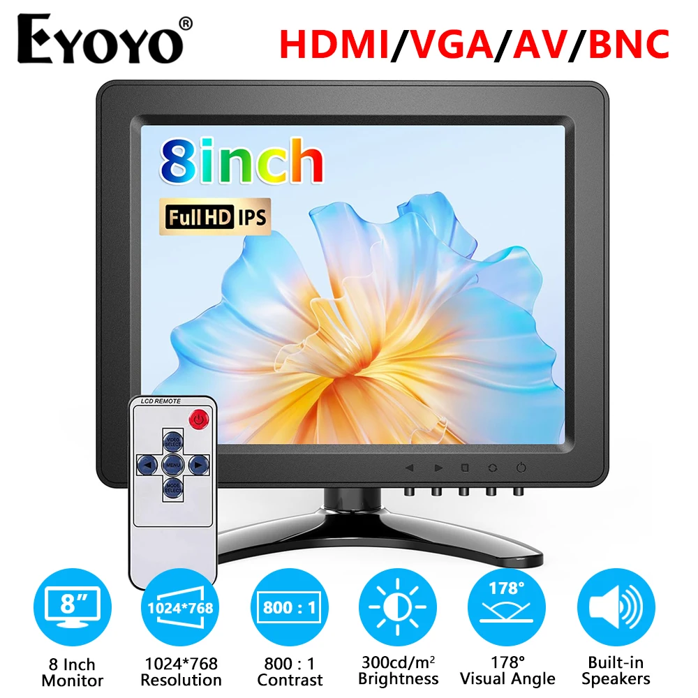 Eyoyo EM08K 8-дюймовый маленький внешний монитор для ПК/ноутбука/игр/системы видеонаблюдения безопасности, 1024x76 8 IPS дисплей HDMI/VGA/AV/BNC вход