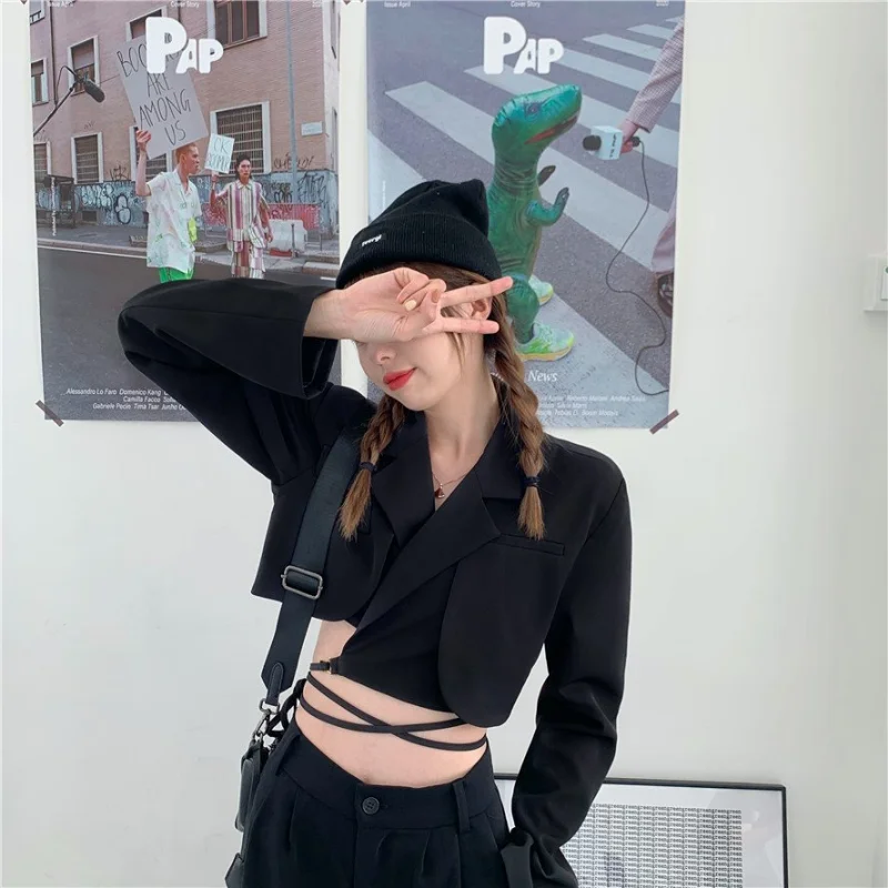 Gray Double Layer Bandage Slim Blazer Korean Fashion Women Long Sleeve Pocket Short Jacket Female Outwear 2022 Blazers Crop Tops