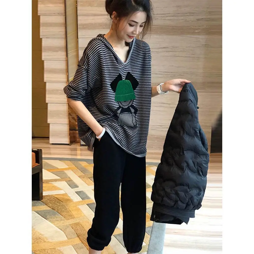 

Spring 2022 New Hooded Sweater Women's Thin Loose Design Stripe Knitted Sweater Top