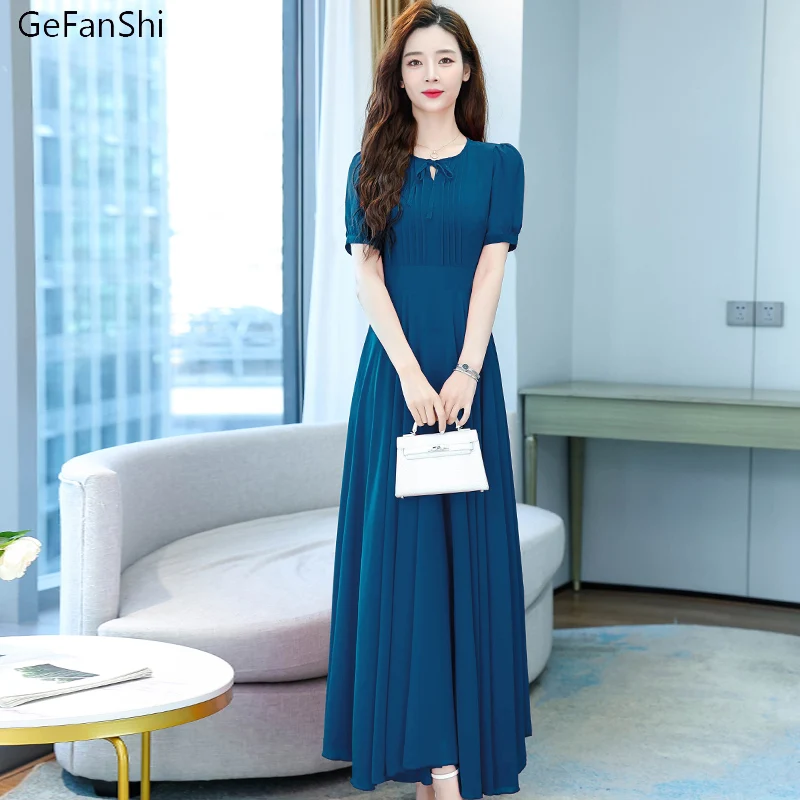 

2022 New Summer Women Dresses Casual Short Sleeve Chiffon Solid Elegant Lady A-Line Dress Fashion Slim Long Beach Maxi Dresses