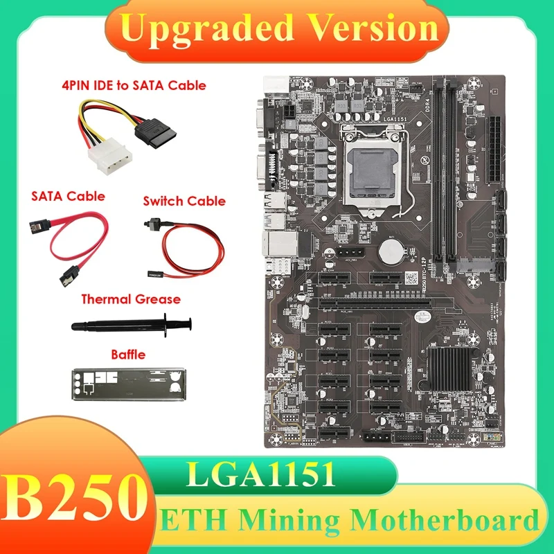 

B250B ETH Mining Motherboard+4PIN IDE To SATA Cable+SATA Cable+Switch Cable+Baffle+Thermal Grease 12PCIE MSATA For BTC