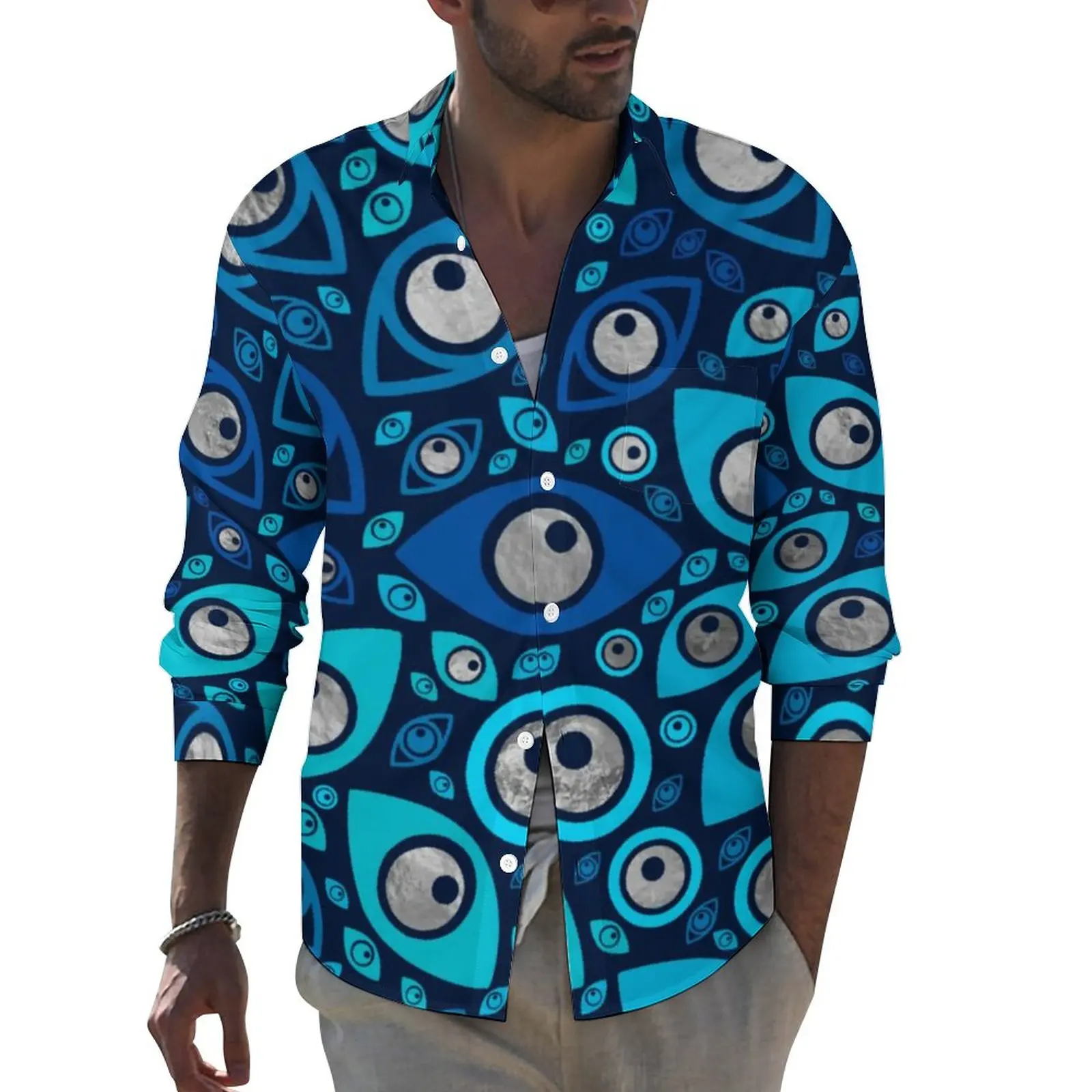 Blue And Silver Evil Eye Shirt Greek Amulet Casual Shirts Men Vintage Blouses Long Sleeve Graphic Street Style Clothes Plus Size