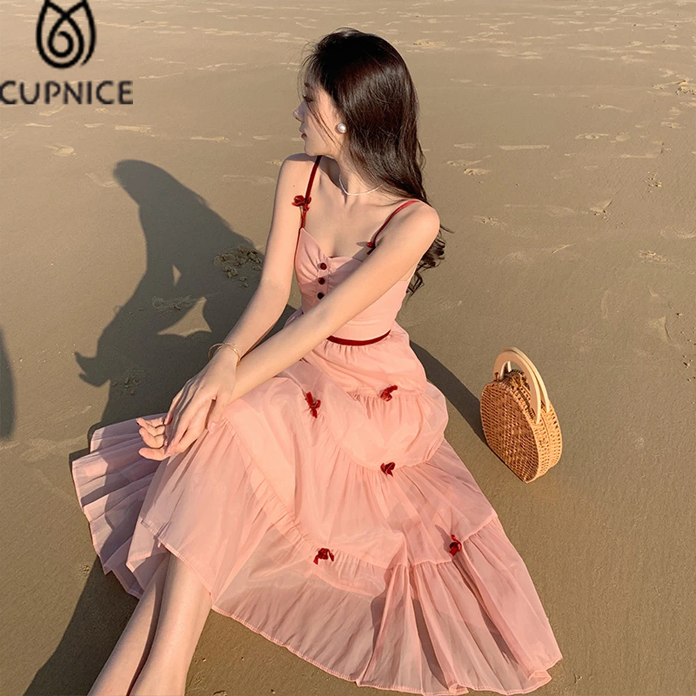

Женское длинное платье без рукавов CUPNICE, розовое платье-комбинация с бантом и глубоким вырезом, свободное праздничное пляжное платье для де...