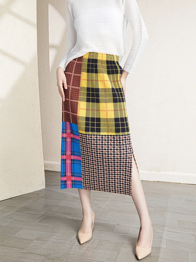 Miyake pleated women's printed plaid skirt autumn and winter thickened new mid-length bag body pleated skirt slim
