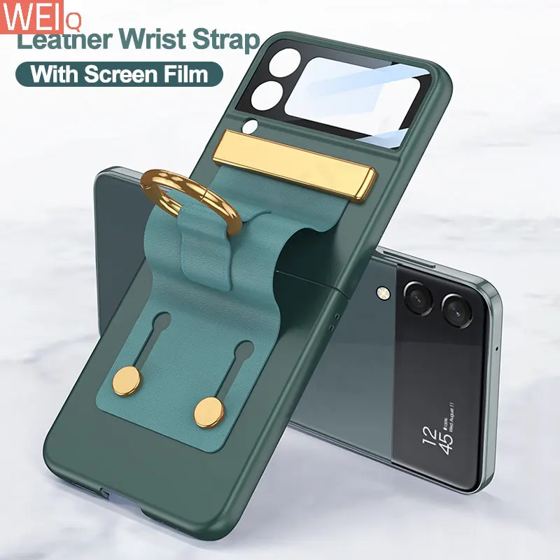 

For Galaxy Z Flip 4 Case Leather WristStrap With Screen Glass Plastic Hard Cover For Samsung Galaxy Z Flip4 Ring Holder Case