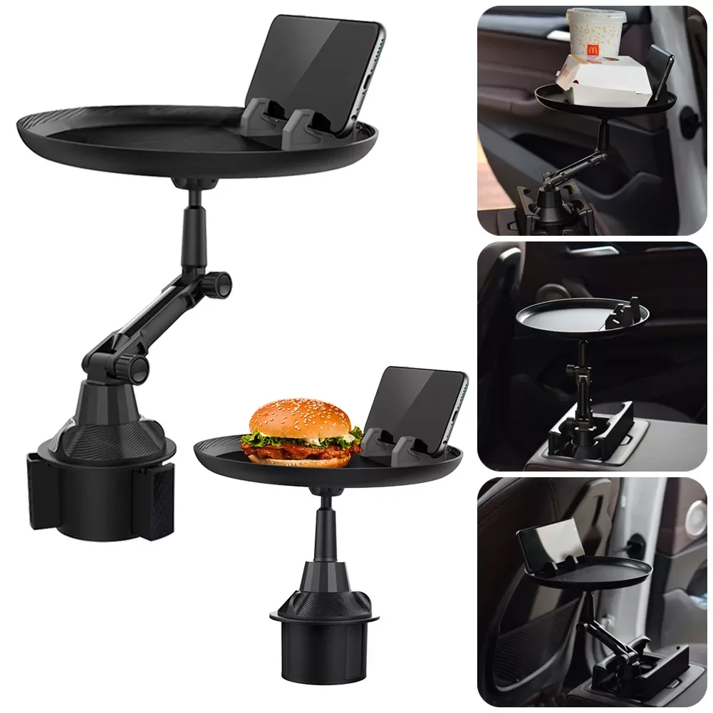 

Car Cup Holder Expander with a 8" Surface 360° Swivel Eating Car Tray Drink Tray Table with Adjustable Base Long/Short Bla