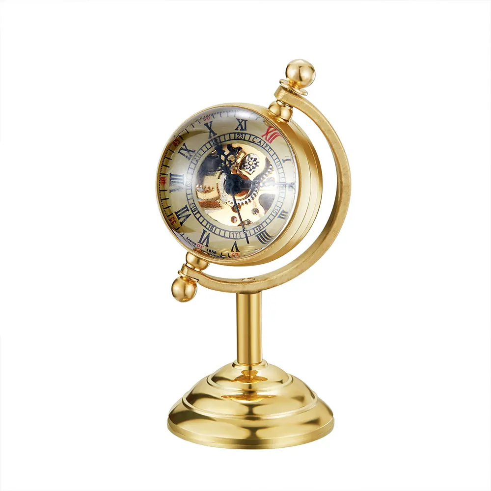 Vintage Spinning Globe Gold Desk Clock Men Creative Gift For Pocket Watch Copper Table Clock Mechanical Pocket Watch Male