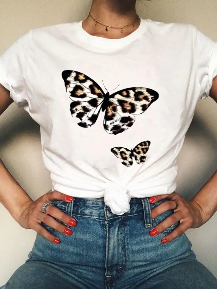 

Graphic Tee Fashion Short Sleeve Clothes Women Clothing Print Leopard Butterfly Sweet Trend Summer T Female Casual T-shirts