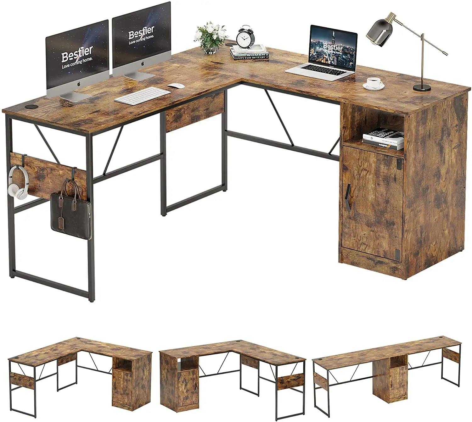 

Bestier 95.2 inches L Shaped Computer Desk with Storage Cabinet Home Office Workstation Rustic