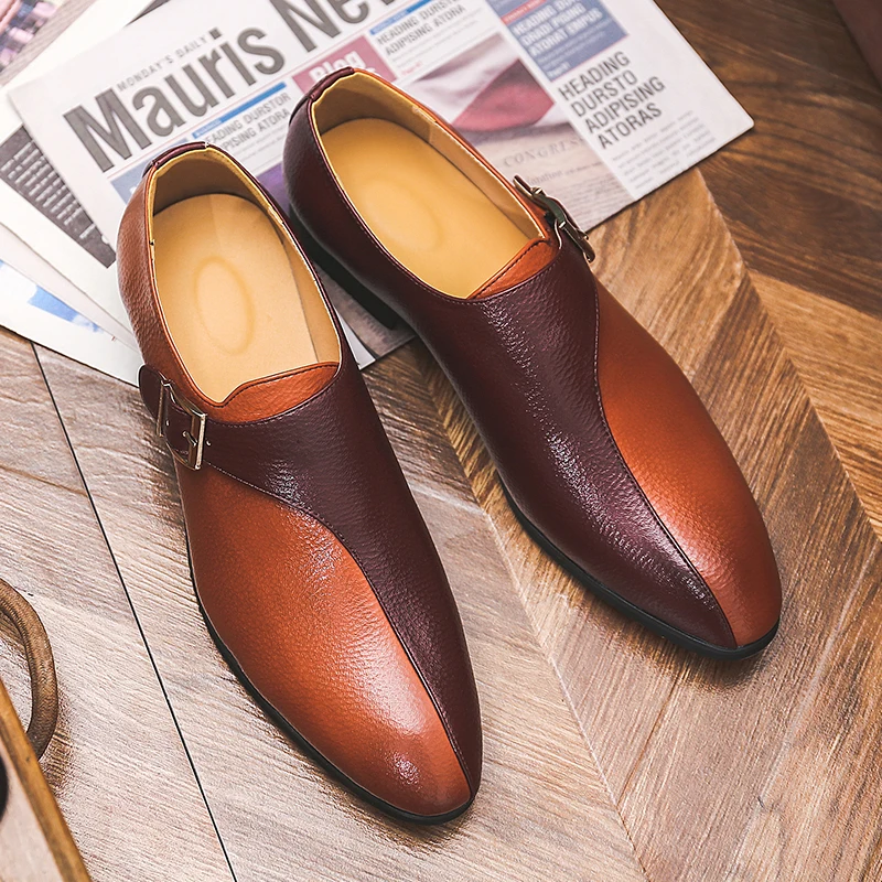 

Men Elegant Monk Shoes Color-blocking Litchi Pattern PU Single Buckle Retro Classic Fashion Business Casual Party Dress Shoes