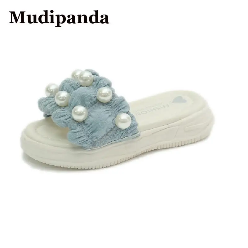 

Girls Pearl Slippers 2022 Children's New Summer Pink Sandals Kid's Soft Bottom Rhinestone Flat Bottom Lazy Slippers