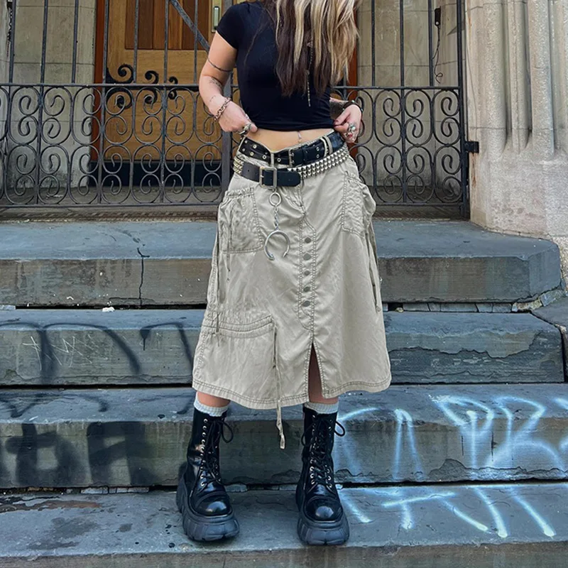 

2022 Summer New Style Woven Wandering Street Tooling Wind Split A-line Skirt Women