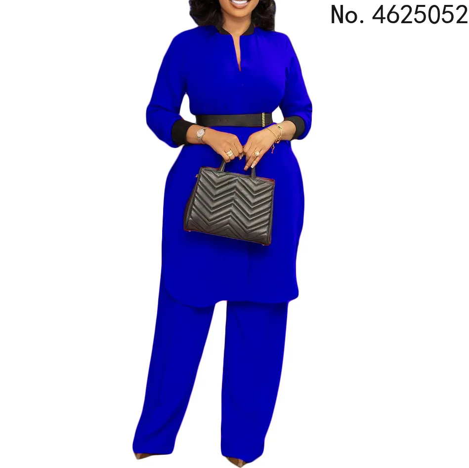 

2022 African Clothes Women Summer African Women Long Sleeve Red Blue Green Two Pieces Sets Top and Pant African Suit with Belt