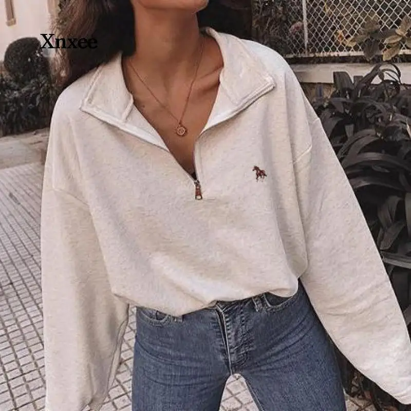 

Vintage Women Sweatshirt Autumn Casual Loose Solid White Zip Up Polo Collar Basic Winter Female Oversized Tops Pullover Hoodies