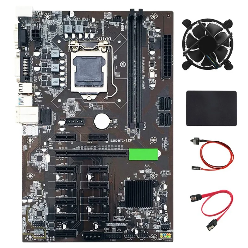 

B250 BTC Mining Motherboard 12 PCIE Card LGA1151 With SATA SSD 128G+Cooling Fan+SATA Cable+Switch Cable Support DDR4 VGA