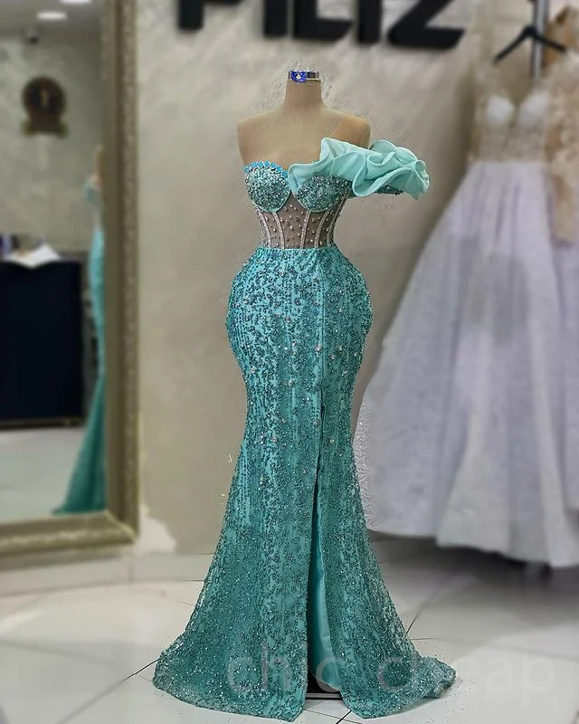 

Turquoise African American Prom Dresses Mermaid Sweetheart Crystals Black Girls Nigeria Robe De Soiree Evening Dresses Gown