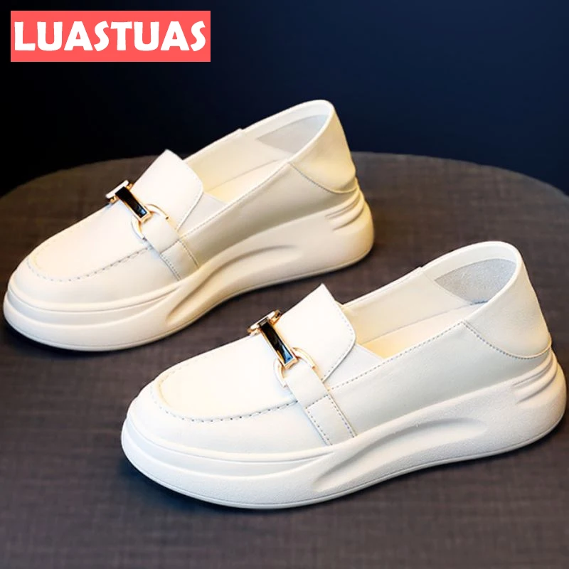 

LuasTuas Real Leather Women'S Flats 2022 Thick Bottom Platform Shallow Metal Decoration Loafers For Women Footwear Size 35-40
