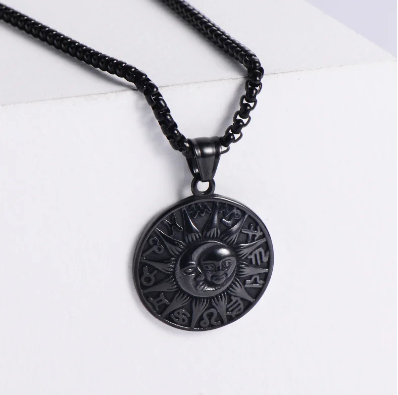 

ANGLANG High Quality Stainless Steel Punk Sunflower Pendant 12 Zodiac Moon Pendant Chain Necklace Men's and Women Necklace Gift