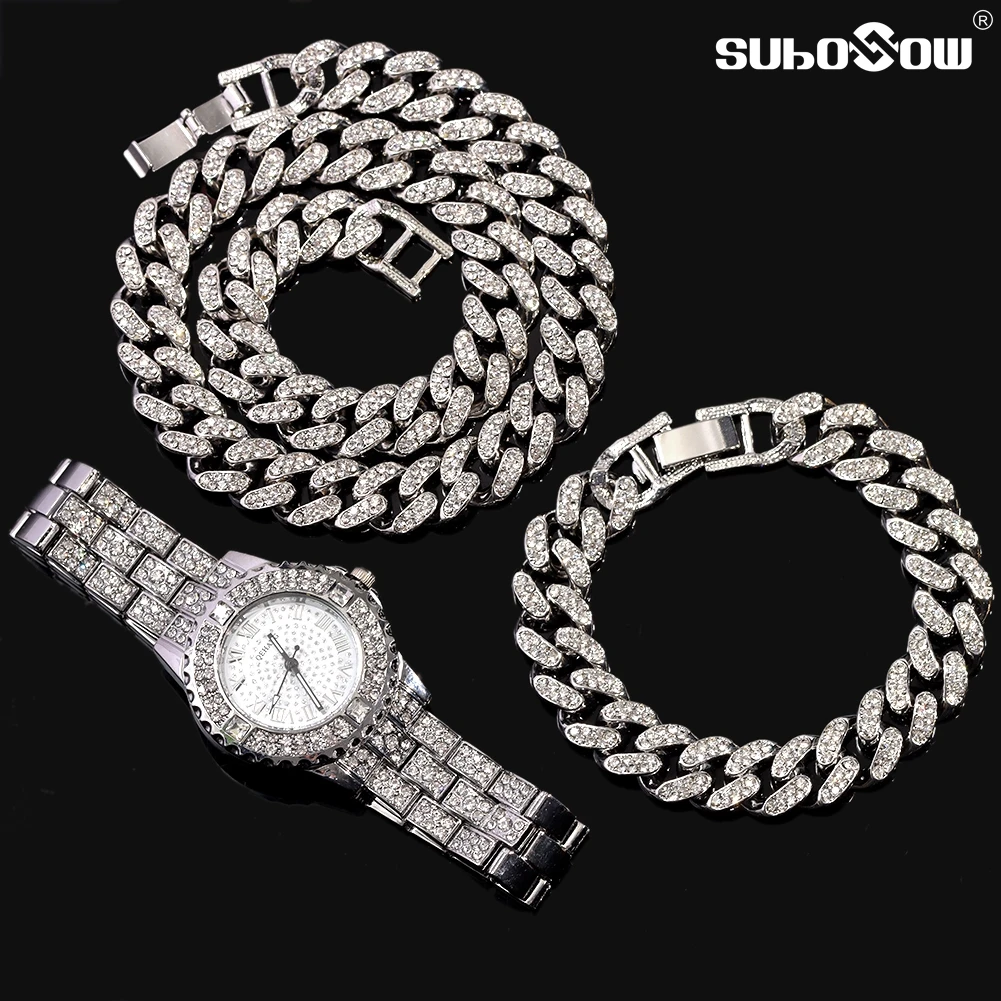 

Hip Hop Women Men Iced Out Bling Cuban Link Necklaces With Watch Bracelet Miami Curb Cuban Chain Full Rhinestones Rapper Jewelry