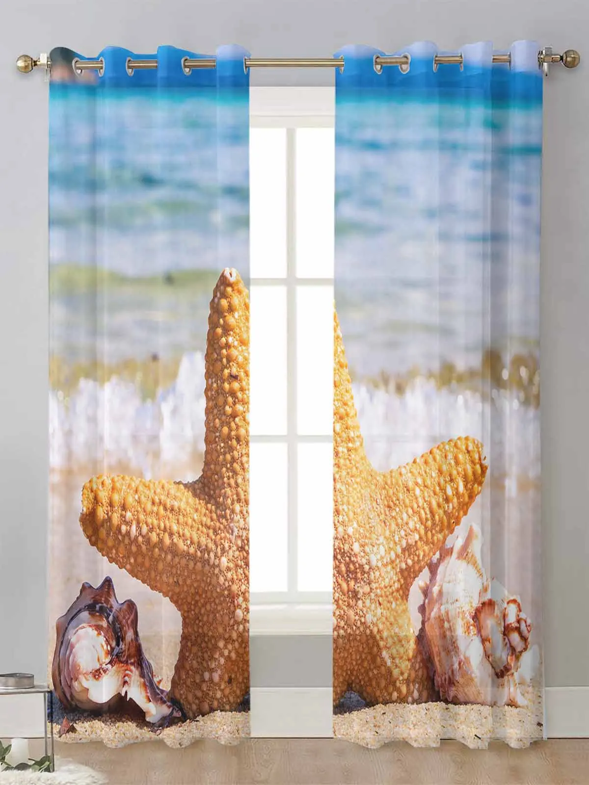 

Beach Starfish Conch Sea Sheer Curtains For Living Room Window Transparent Voile Tulle Curtain Cortinas Drapes Home Decor